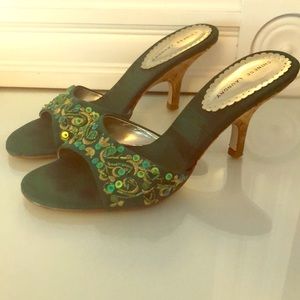 Emerald green silk and cork heels